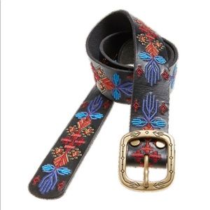 Leather Tribal Embroidered Belt Black Aztec Medium